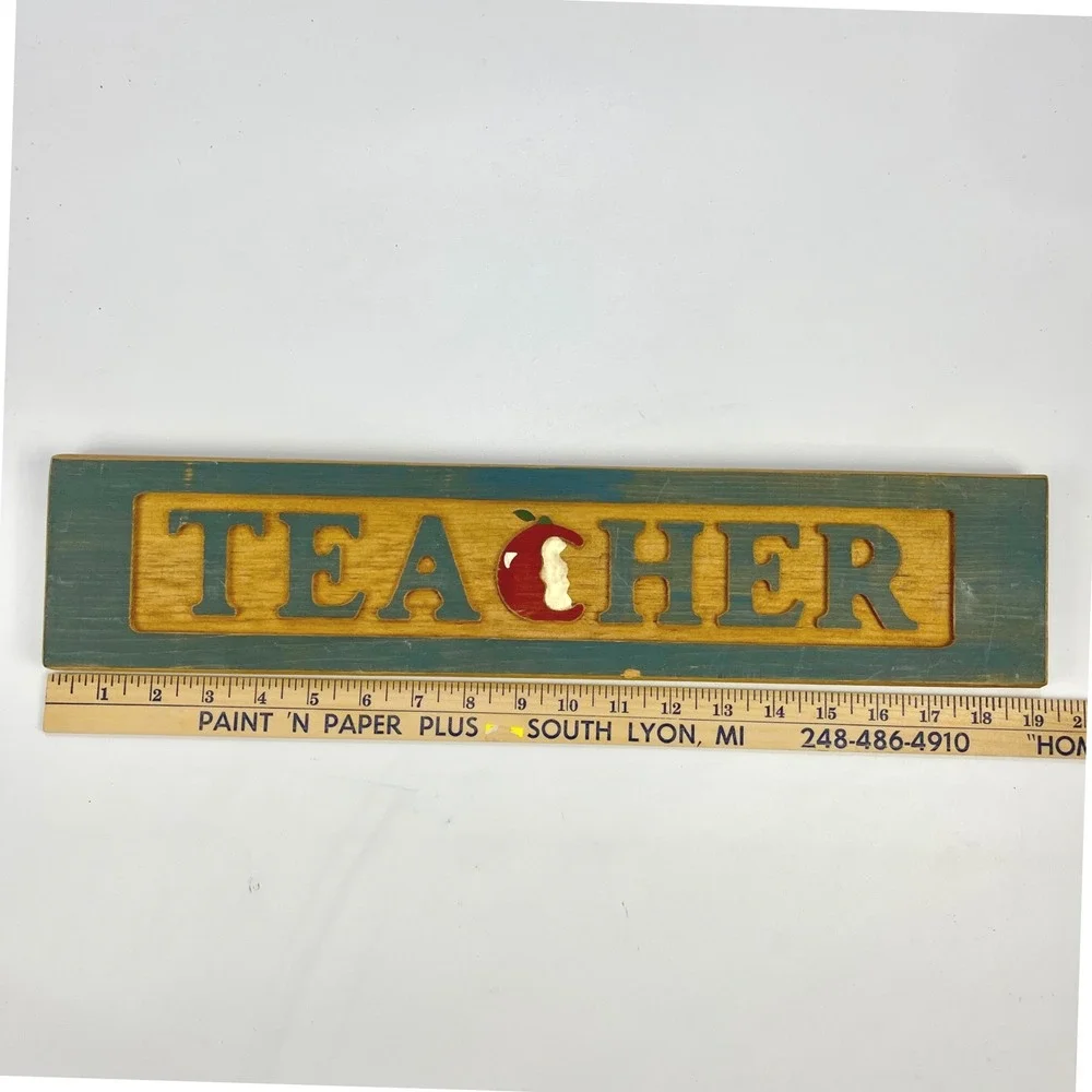 Rustic Wood Carved Teacher Wall Sign Plaque Apple Accent Distressed Teal 18 Inch